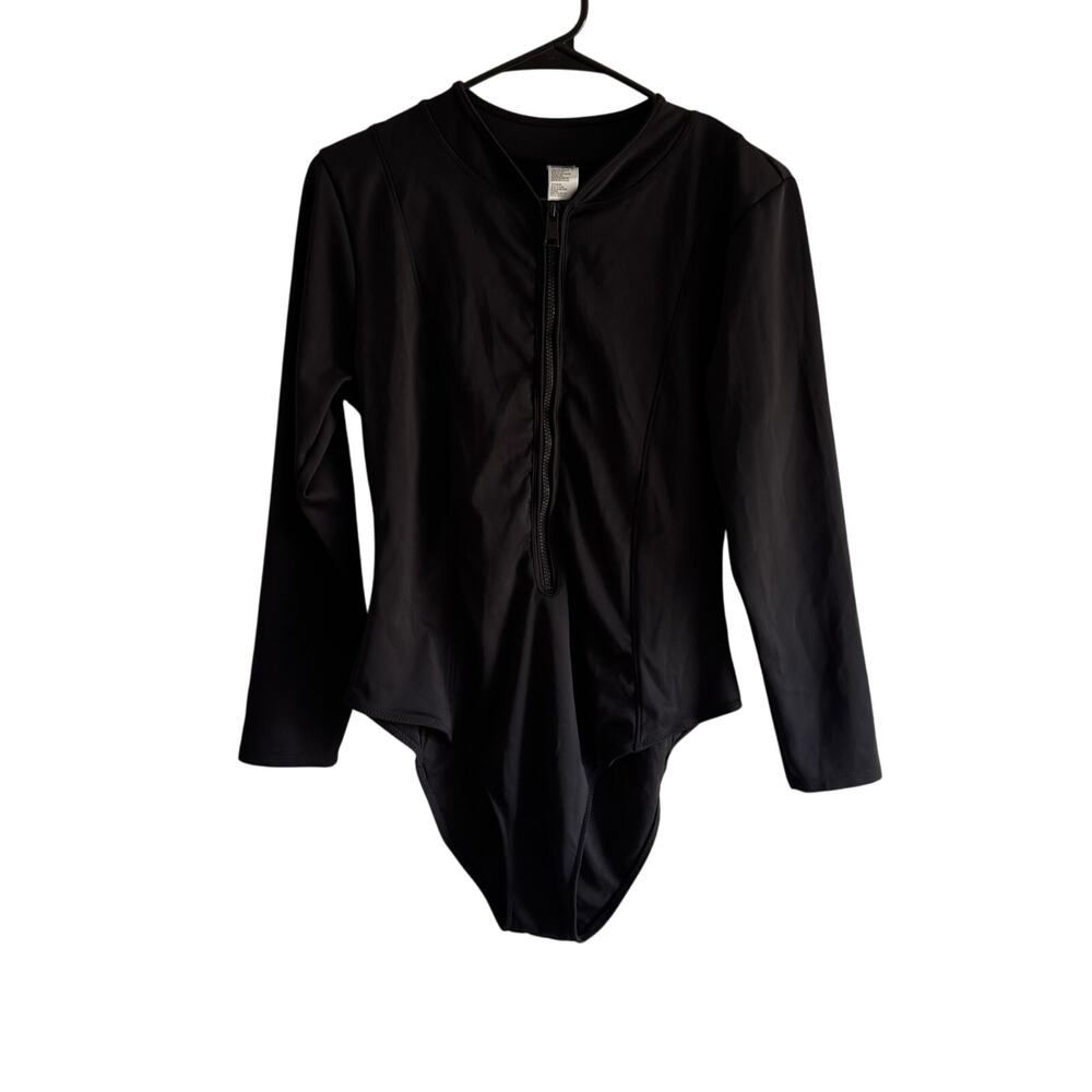 Good American Size 5 US XL Long Sleeve Black Zip Bodysuit